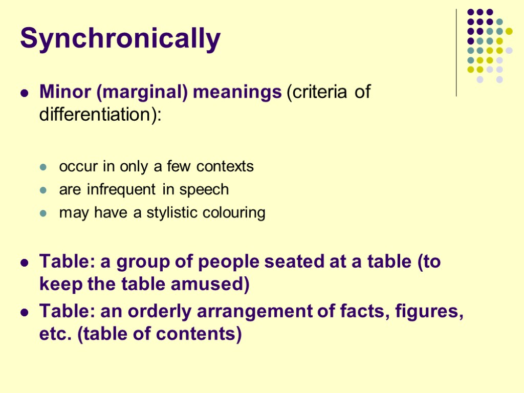 Synchronically Minor (marginal) meanings (criteria of differentiation): occur in only a few contexts are